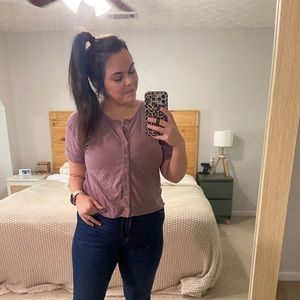 SO Cropped purple button Tee, size Lg